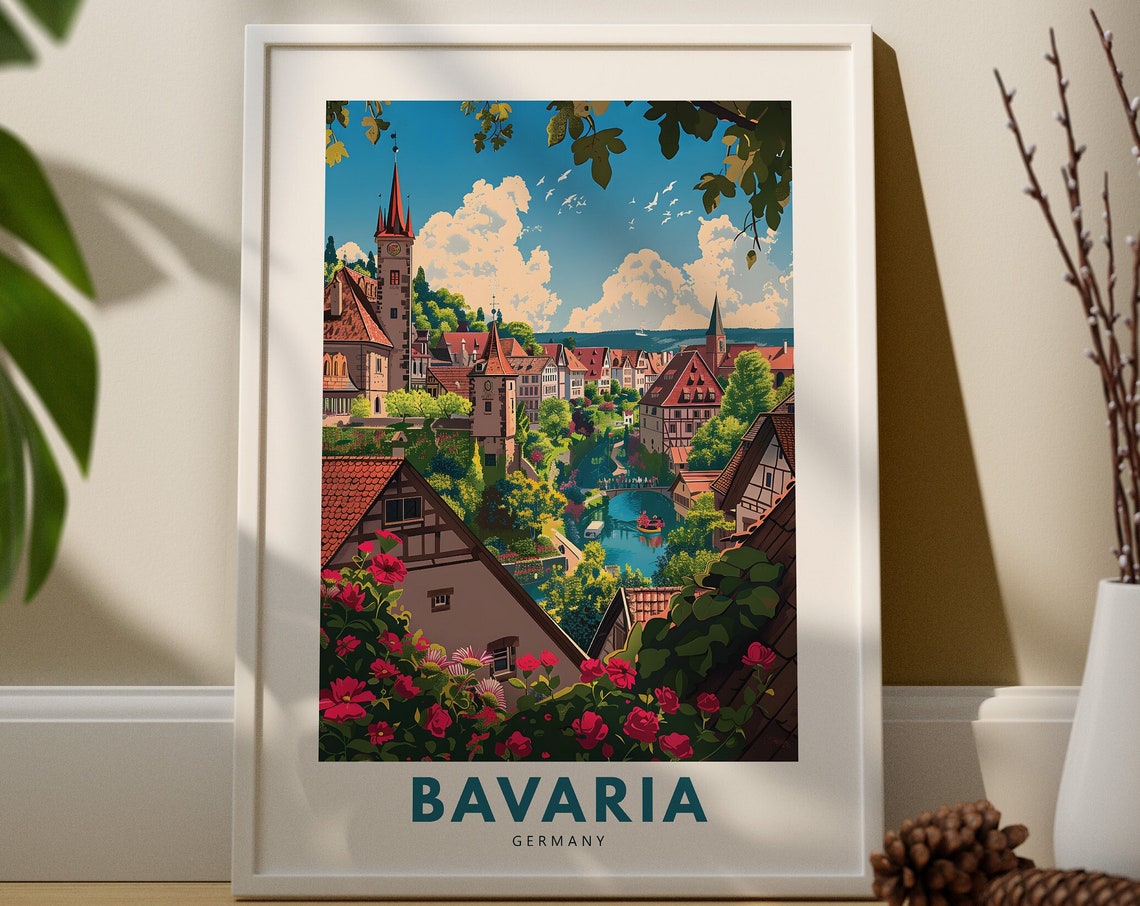 Bavaria Germany Travel Poster with Old Town Rooftops and River