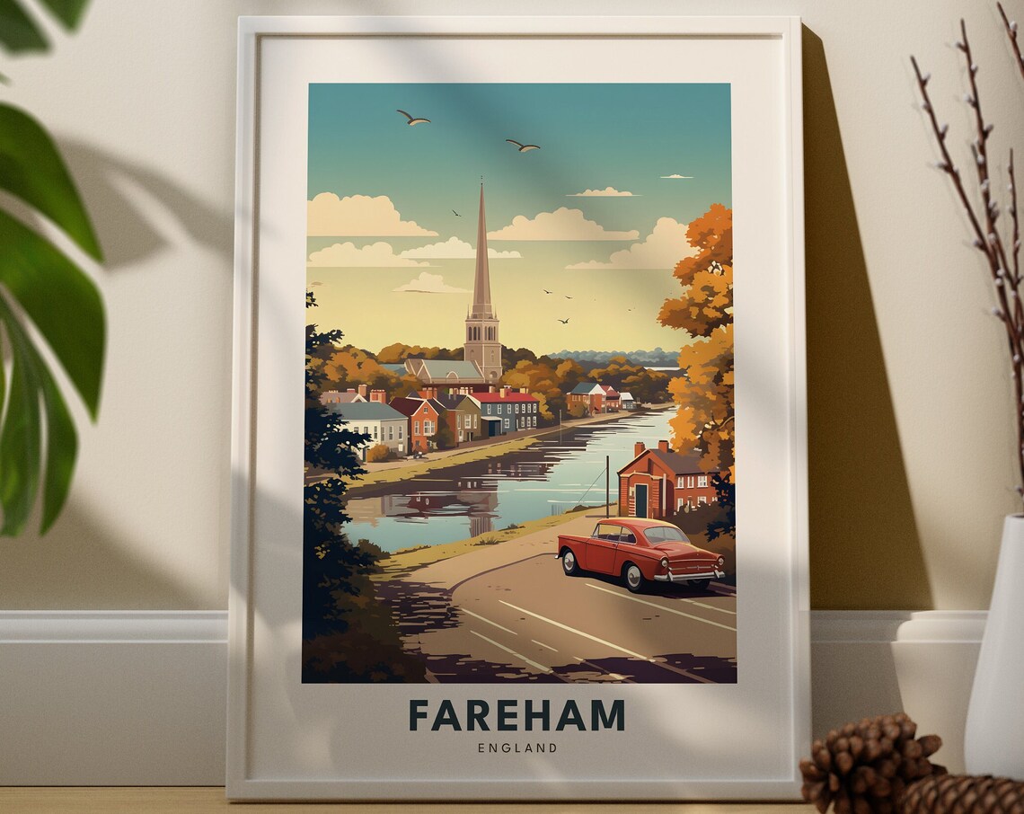 Fareham England Riverside Town Vintage Car Travel Illustration Poster