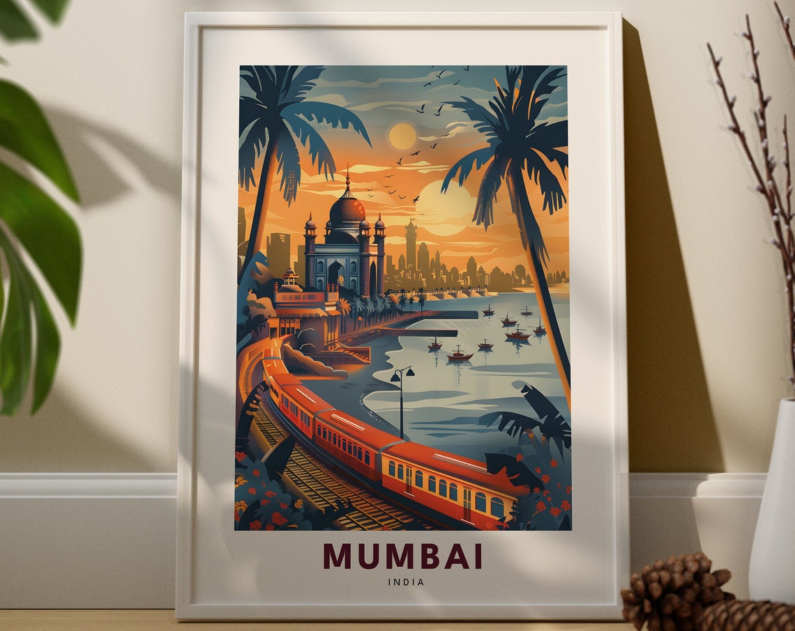 Mumbai India Sunset Harbor Red Train Palm Trees Travel Poster Art