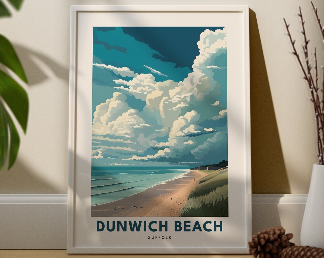 Dunwich Beach Suffolk Coastal Retro Travel Poster with Dunes and Sea