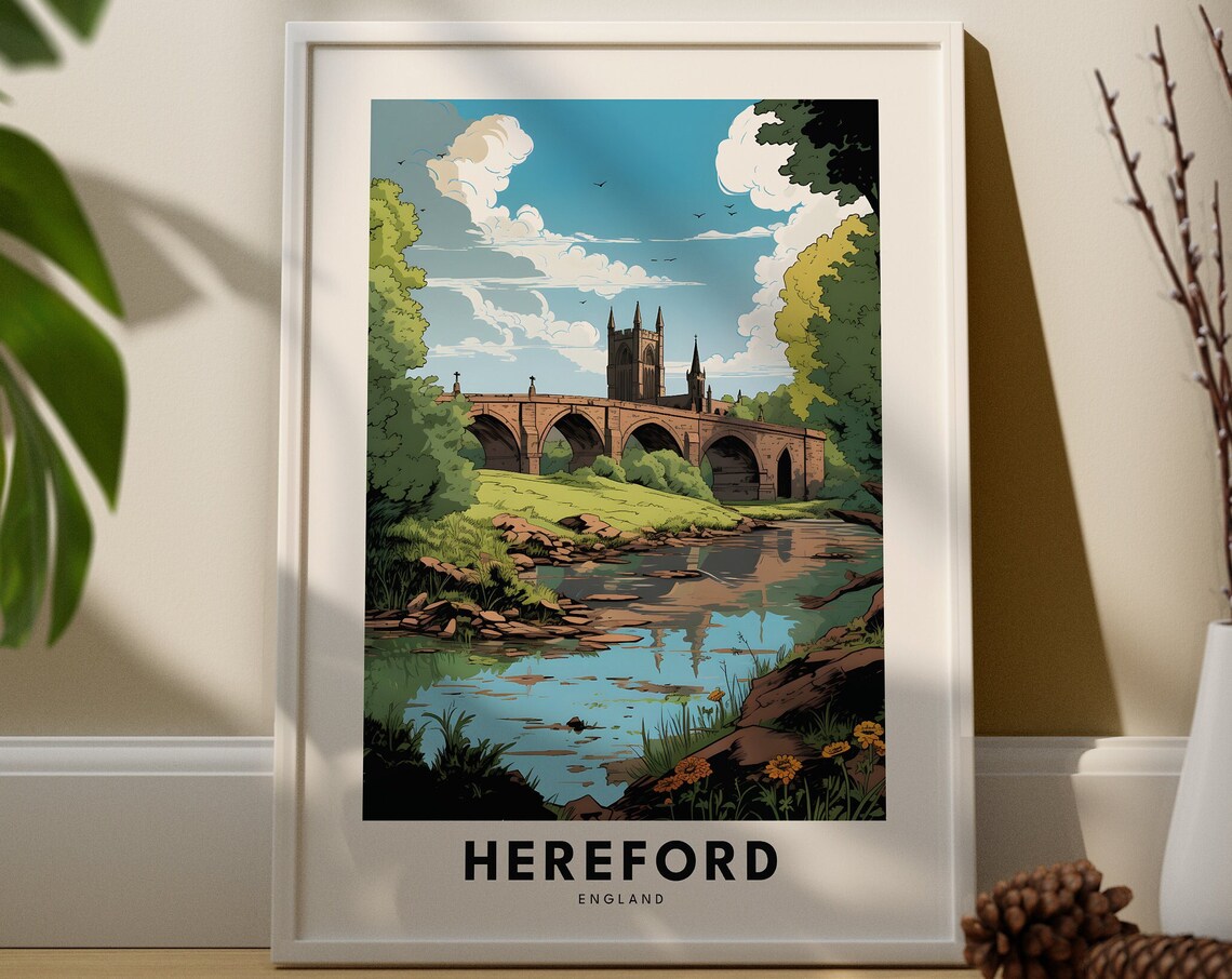 Hereford England Stone Bridge Cathedral Spire River Scene Travel Poster