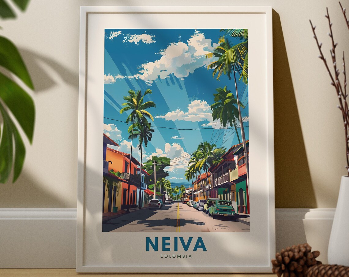 Neiva Colombia Palm Lined Colonial Street Sunny Travel Poster