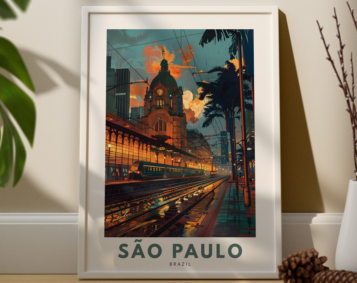 Sao Paulo Brazil Luz Station Rainy Sunset Travel Scene Art Poster