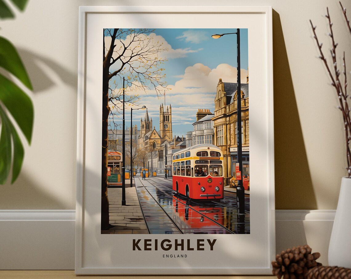 Keighley England Red Double Decker Bus Rainy Street Vintage Travel Poster