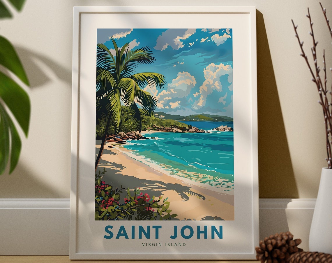Saint John Virgin Island Travel Poster Tropical Beach Palm Paradise