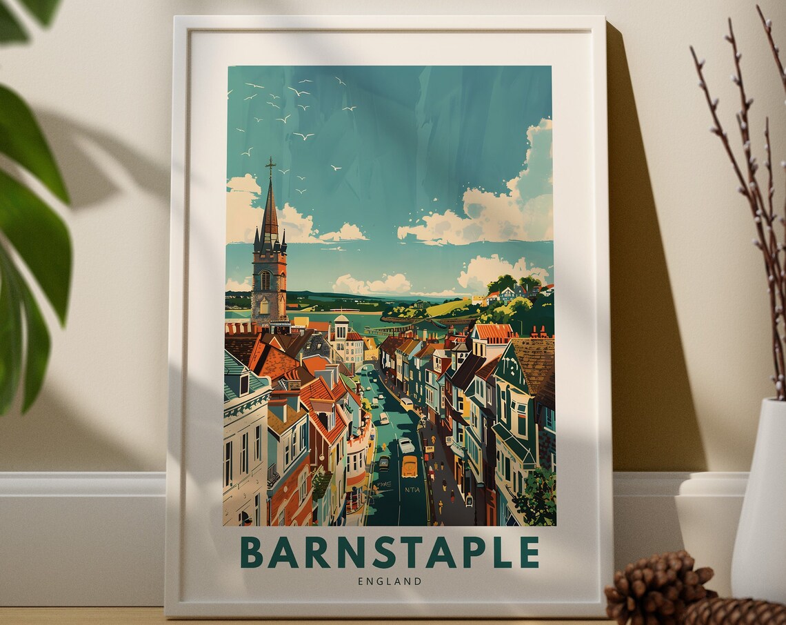 Barnstaple England Historic Town Street Church Spire Travel Poster