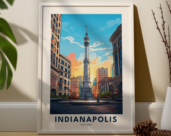 Indianapolis Indiana Monument Circle Downtown Vintage Travel Poster