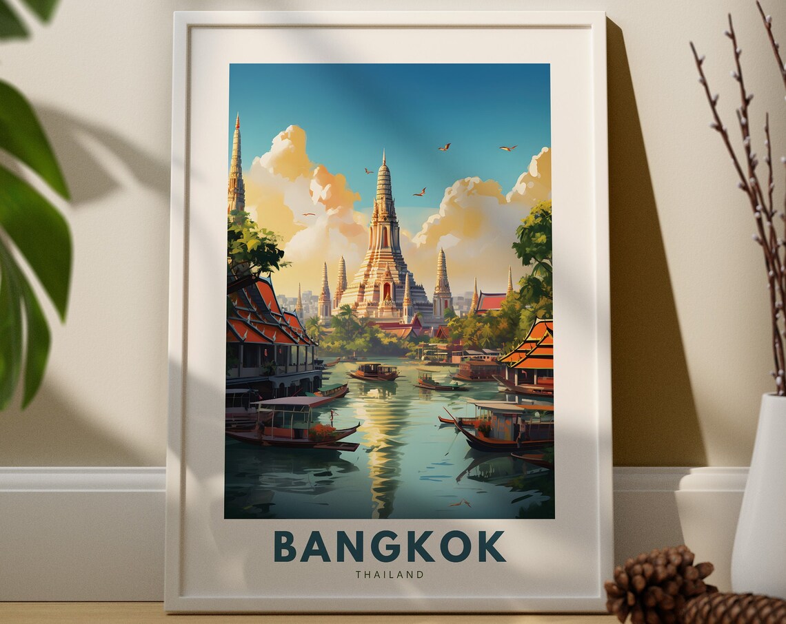 Bangkok Thailand Grand Temple River Boats Vintage Travel Poster