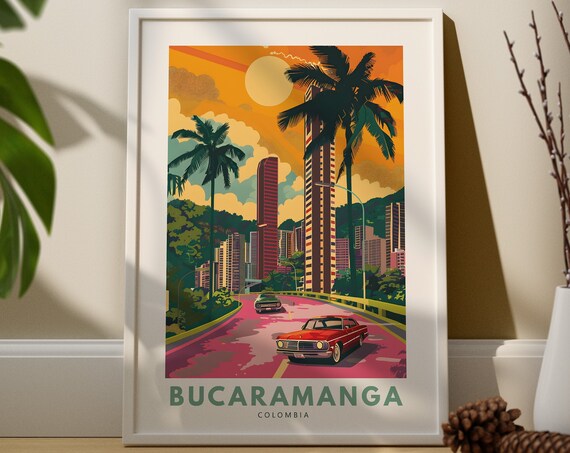 Bucaramanga Colombia Vintage Travel Poster Sunset City Skyline Palm Scene
