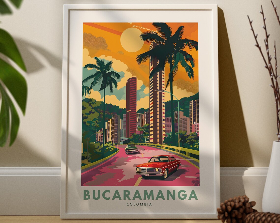 Bucaramanga Colombia Vintage Travel Poster Sunset City Skyline Palm Scene