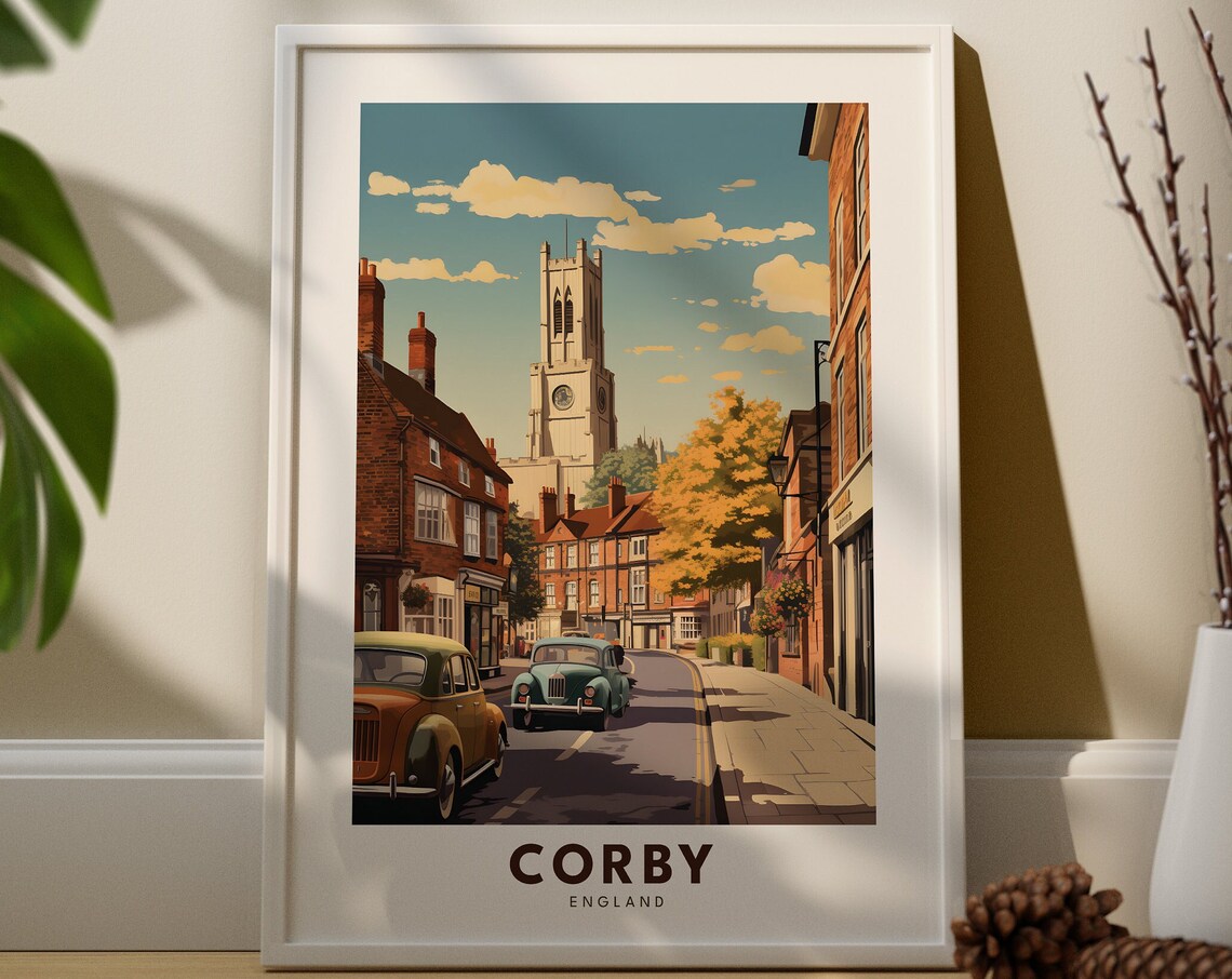 Corby England Street Retro Travel Poster with Church Tower and Classic Cars