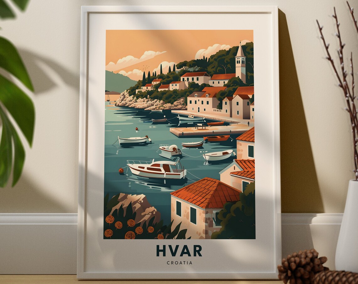 Hvar Croatia Harbor Boats Red Roofs Coastal Vintage Travel Poster