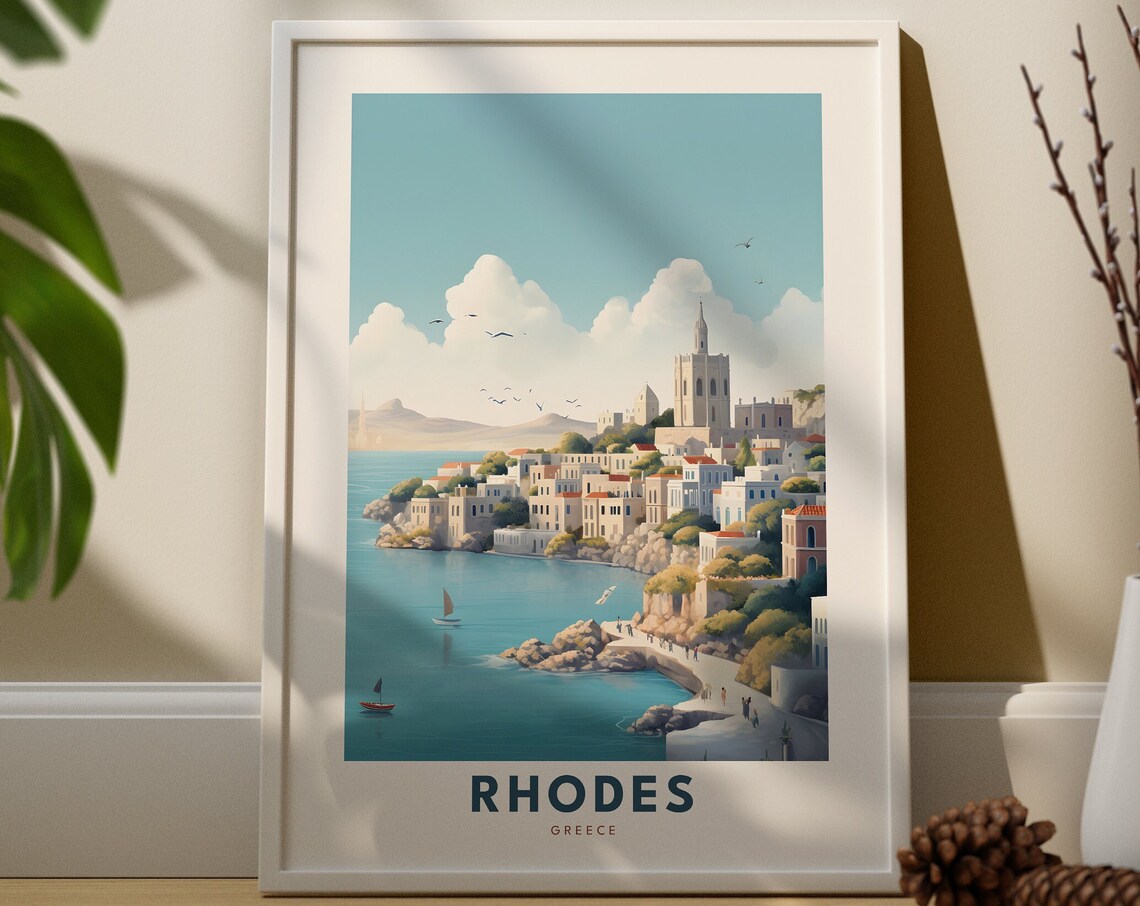Rhodes Greece Whitewashed Coastal Town Sailboats Vintage Travel Poster