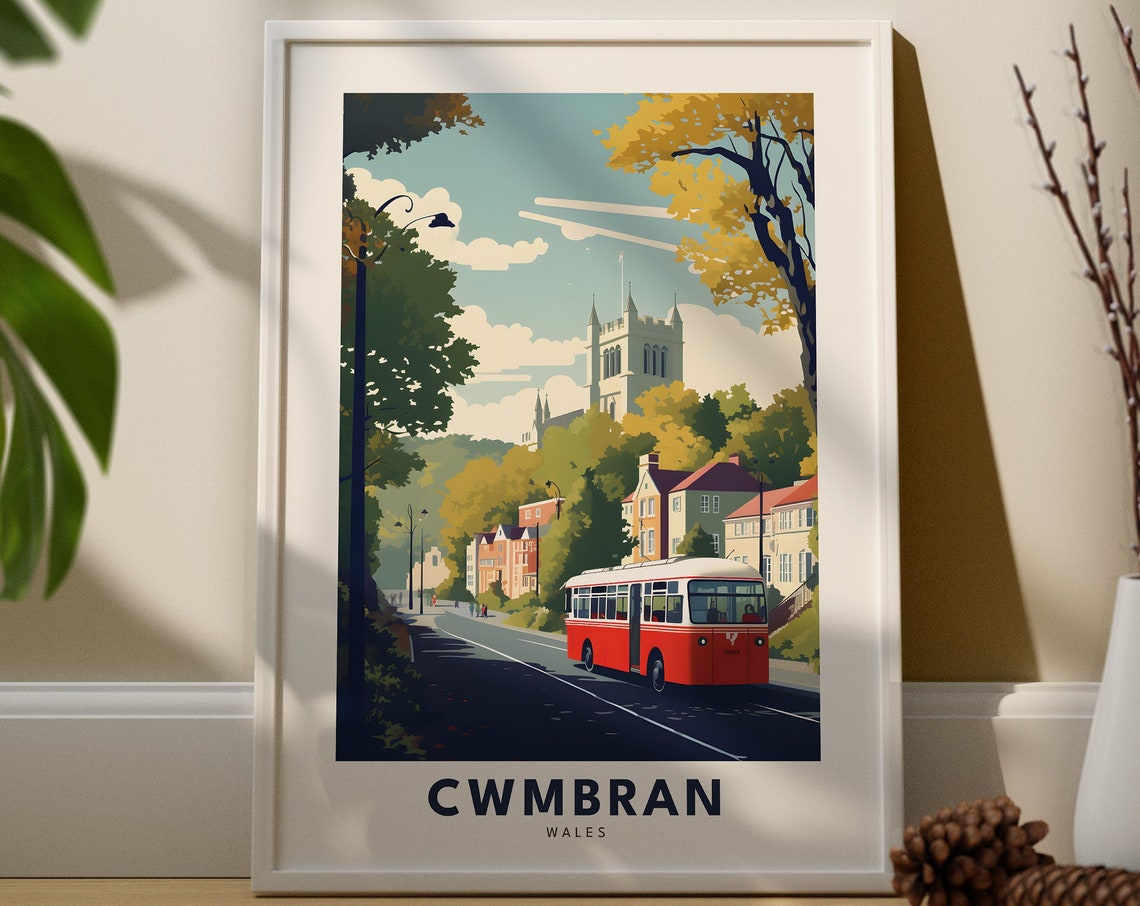 Cwmbran Wales Town Street Classic Red Bus Church Tower Travel Poster