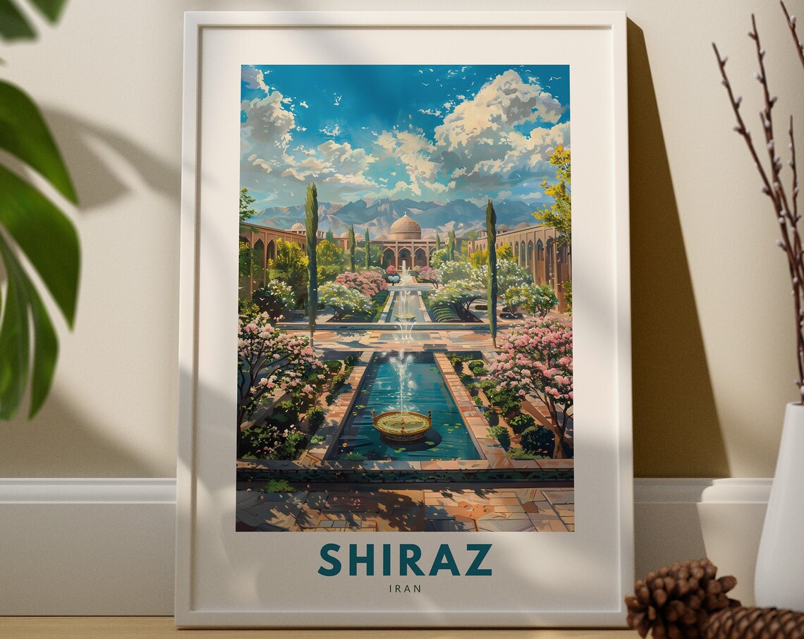 Shiraz Iran Persian Garden Fountain Pavilion Vintage Travel Poster