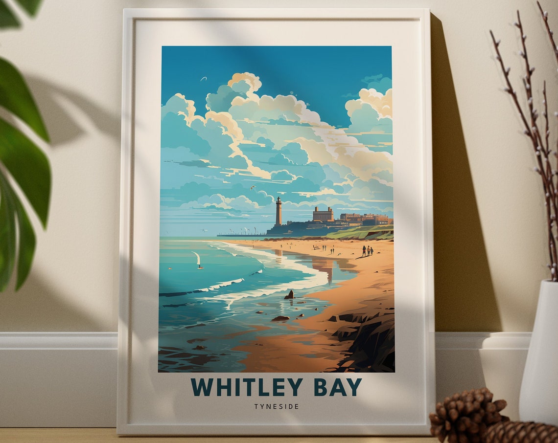 Whitley Bay Tyneside Beach Lighthouse Sandy Shore Travel Art Poster