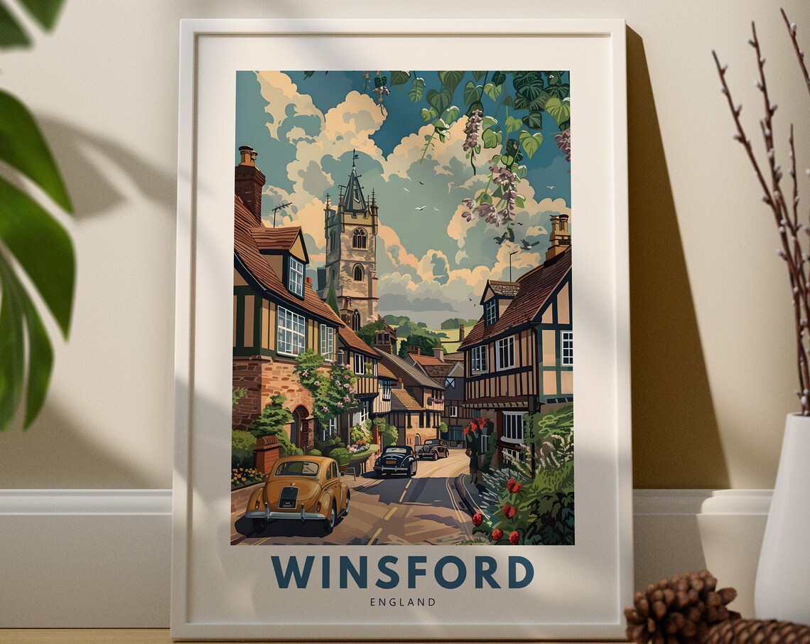 Winsford England Travel Poster Charming Village Church Street Art