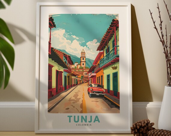 Tunja Colombia Colonial Street Classic Car Vintage Travel Poster