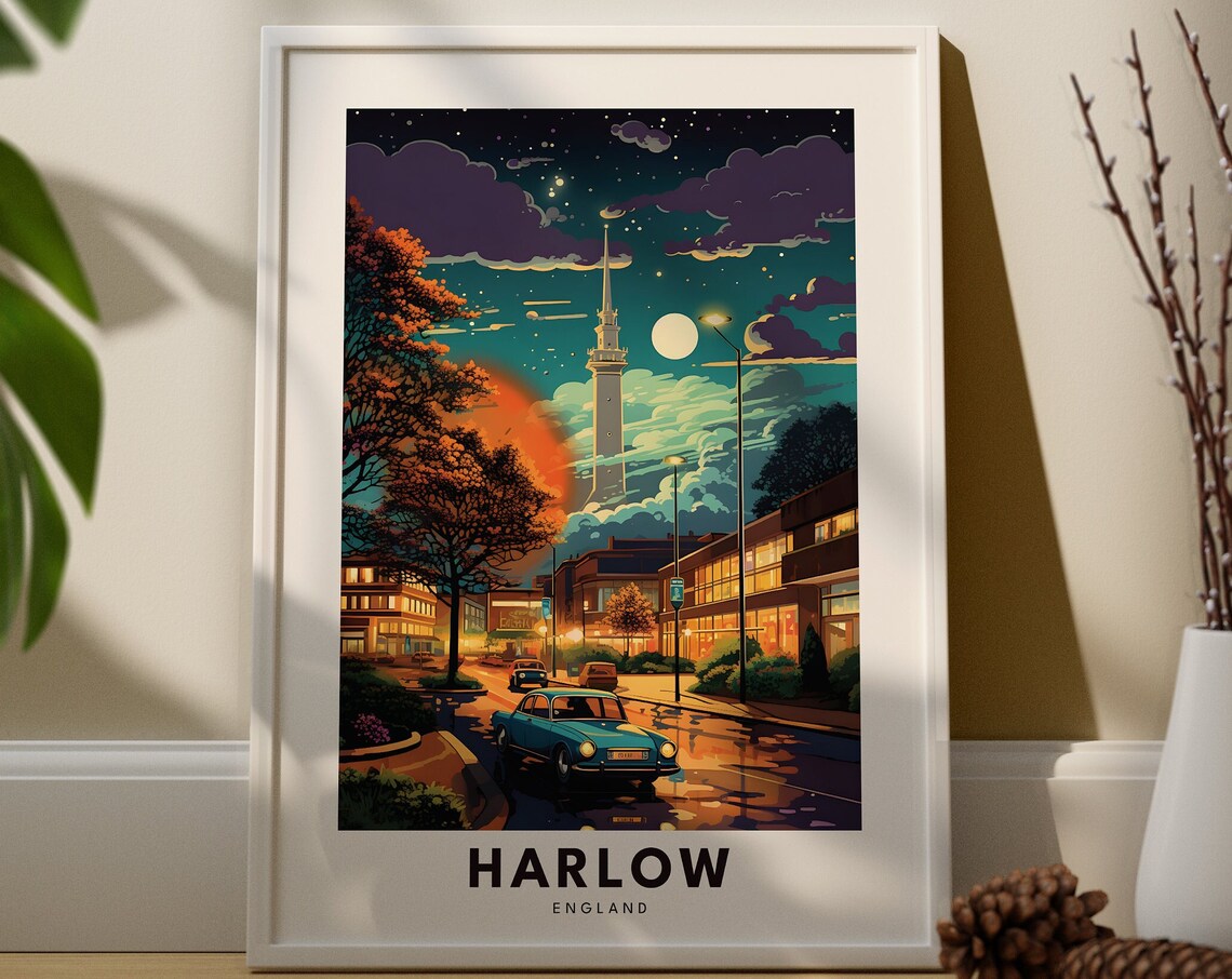 Harlow England Night Street Vintage Car Neon Glow Moonlit Travel Poster