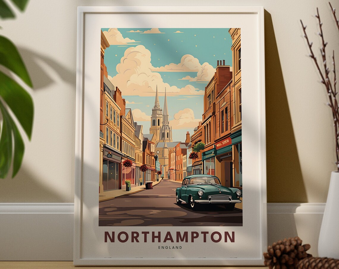 Northampton England Classic Car Street Vintage City Travel Poster