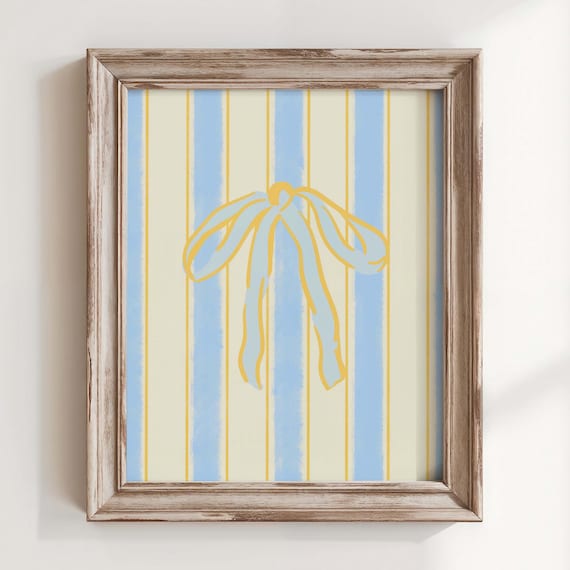 Coquette Yellow Bow Poster Blue Striped Minimalist Nursery Decor Art