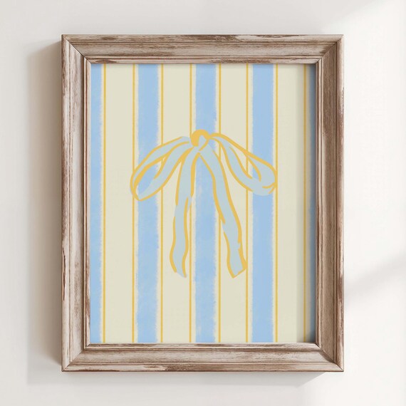 Yellow Bow Print Blue Stripe Coquette Wall Art Minimalist Nursery Decor Preppy Girly Poster Soft Pastel