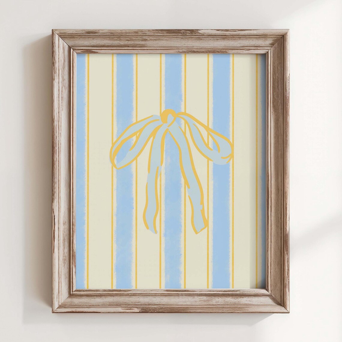 Yellow Bow Print Blue Stripe Coquette Wall Art Minimalist Nursery Decor Preppy Girly Poster Soft Pastel