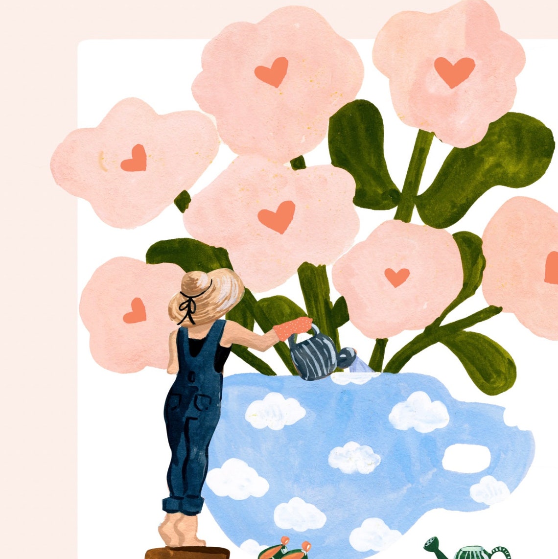 Love Grows Gardener Watering Giant Pink Heart Flowers Whimsical Print