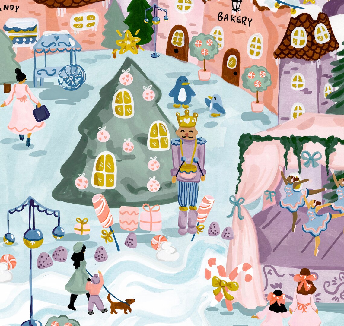 Christmas Village Watercolor Gouache Holiday Art Print - Image 4