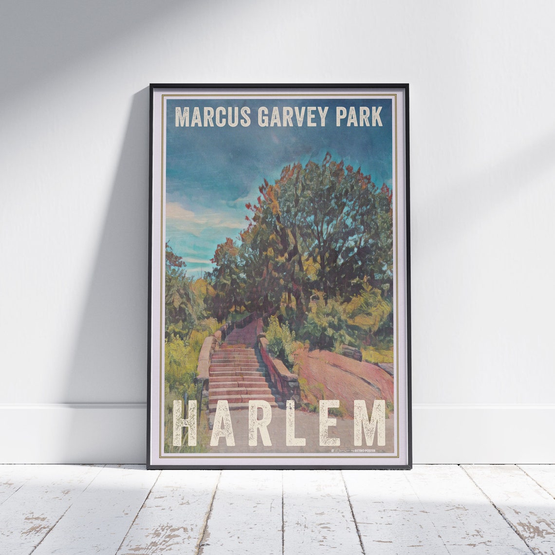 Harlem Marcus Garvey Park Autumn Stairs Retro New York Travel Poster