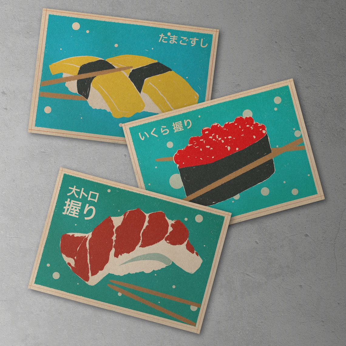 Otoro Tamago Ikura Sushi Trio Retro Japanese Food Art Poster Set