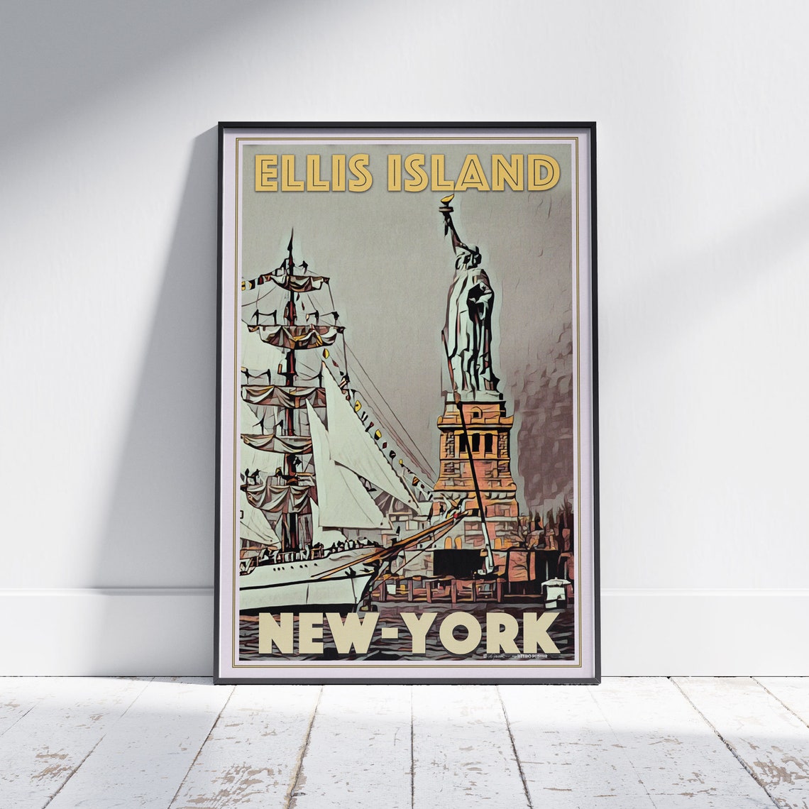New York Poster Ellis Island Fregate By Alecse 300ex New York Print Statue Of Liberty Poster Us Travel Poster New York Travel Wall