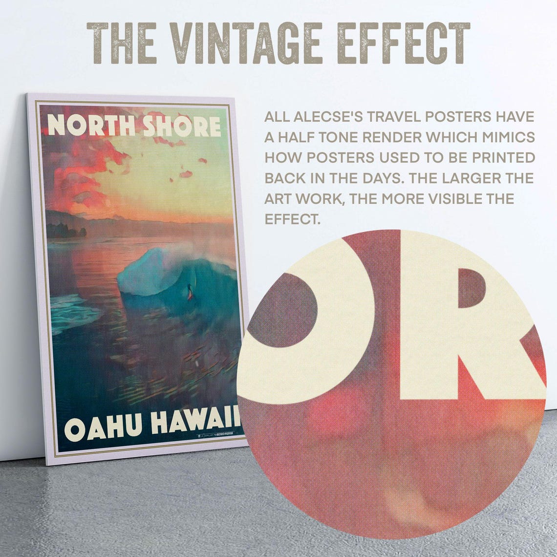 Oahu Hawaii Retro Travel Poster North Shore Sunset Surf Wave Art - Image 2