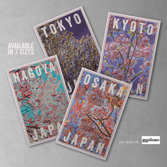 4 Cherry Blossom Posters By Alecse Bundle Of 4 Sakura Prints Tokyo Nagoya Osaka Kyoto Japandi Decoration Sakura Classic Japan Gift