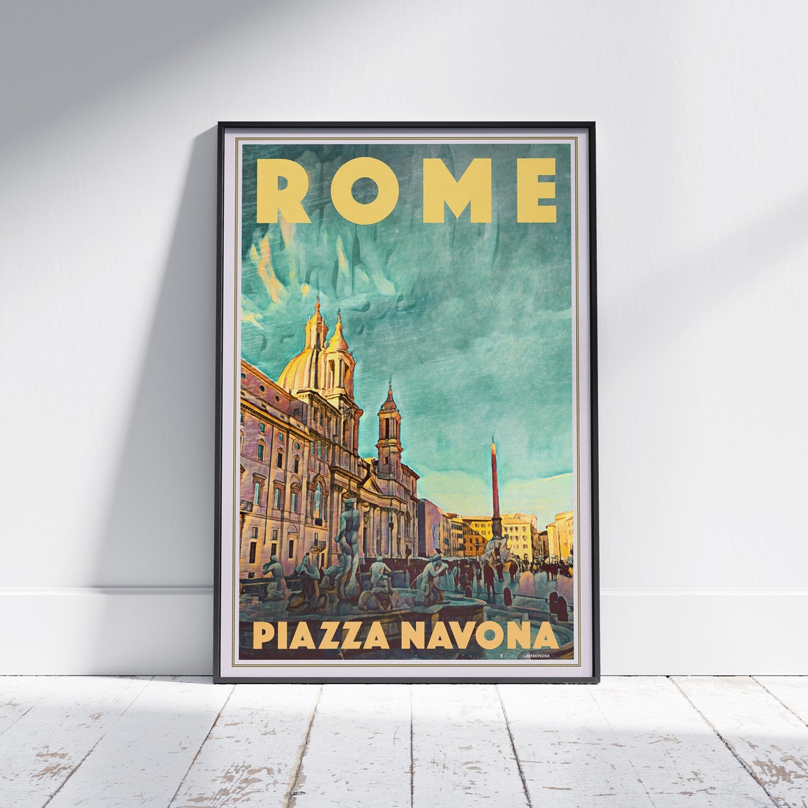 Rome Piazza Navona Baroque Church Obelisk Italy Retro Travel Poster