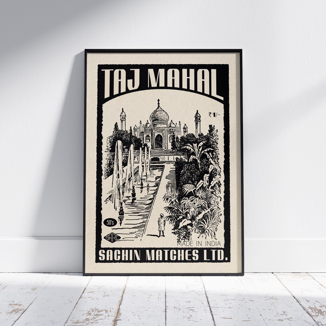 Taj Mahal Marble Monument Gardens Vintage India Matchbox Art Poster