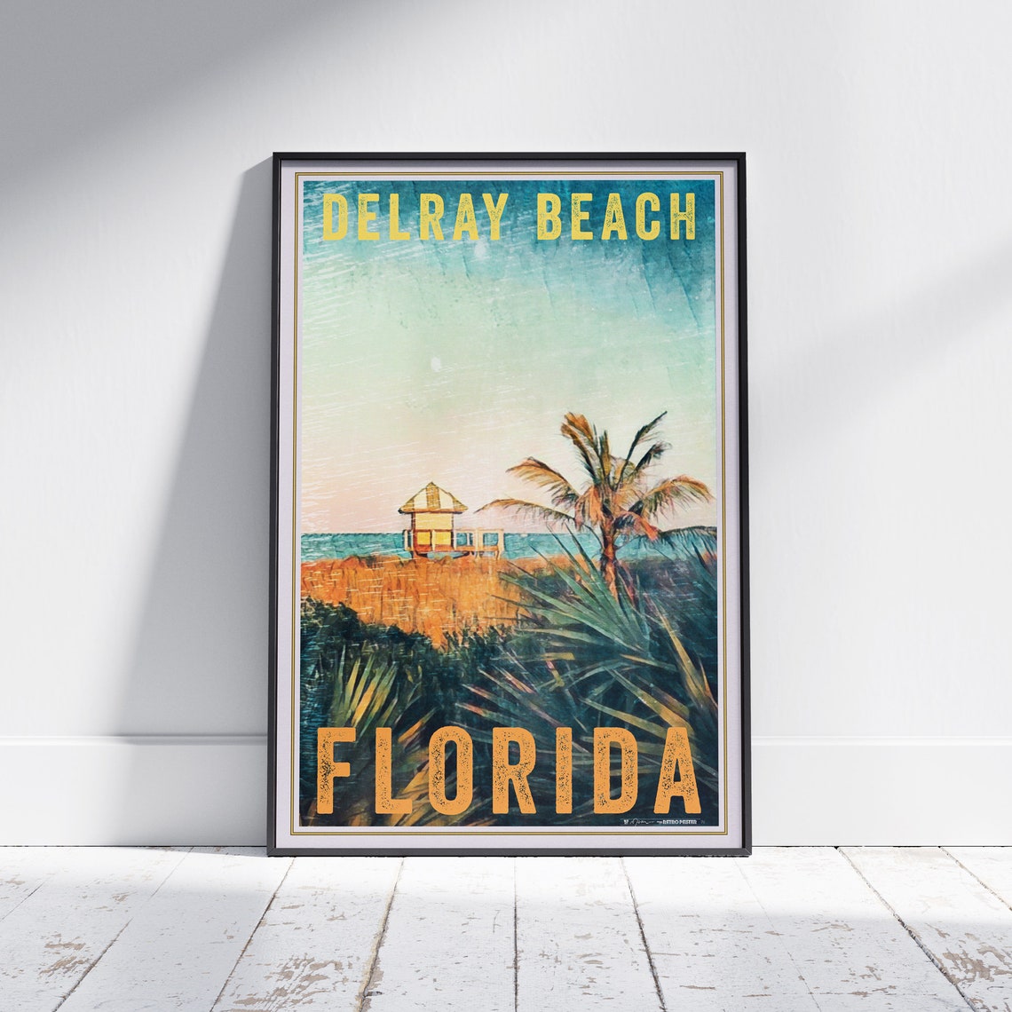 Delray Beach Florida Lifeguard Tower Palm Retro Beach Travel Poster