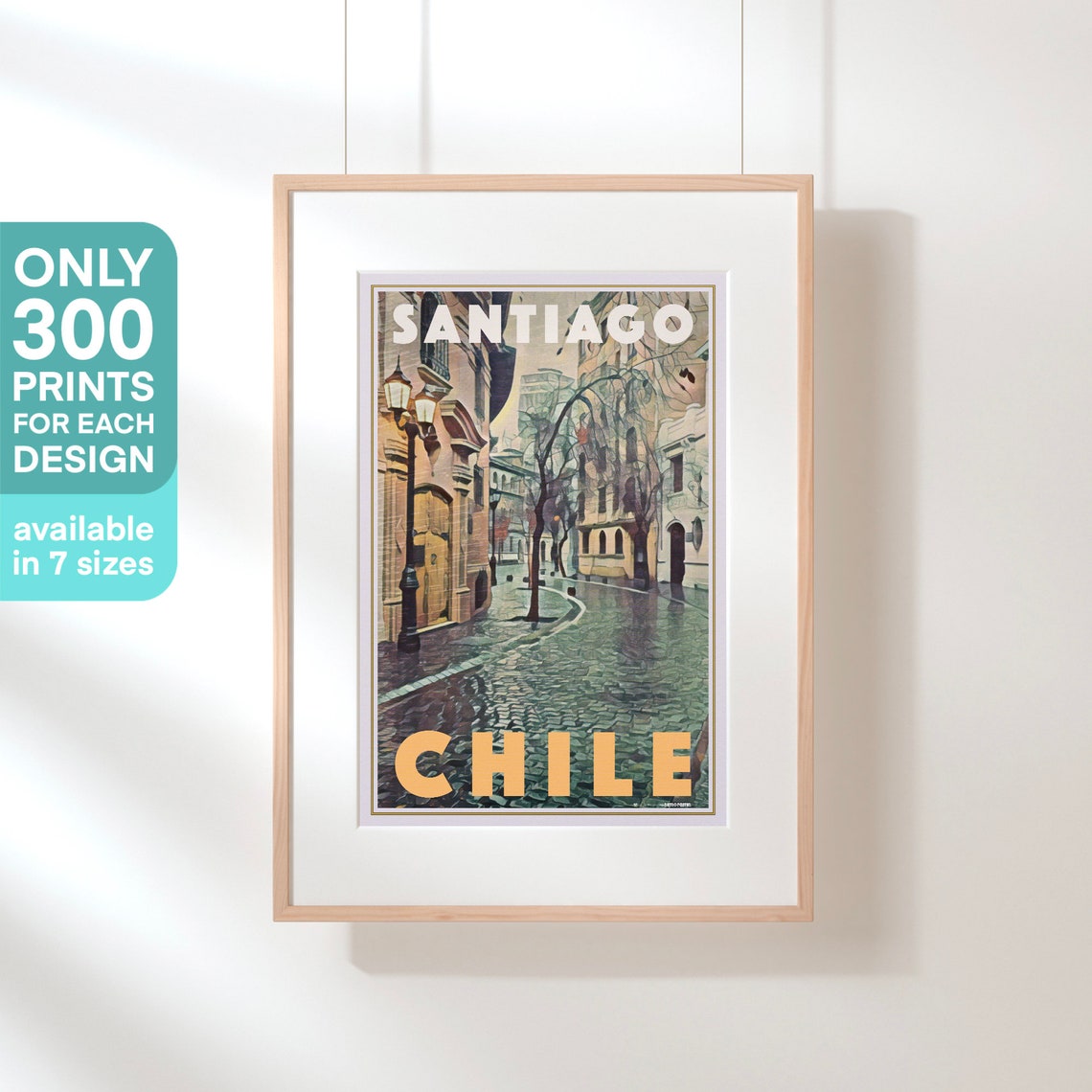 Santiago Chile Rainy Cobblestone Street Retro Travel City Poster - Image 3