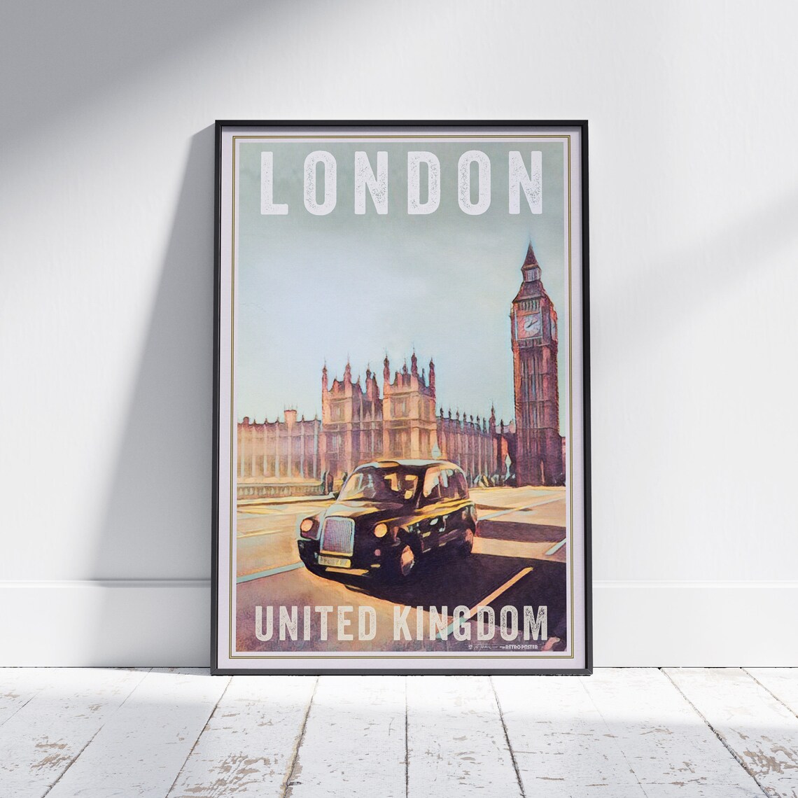 London Black Cab and Big Ben Vintage Travel Poster United Kingdom