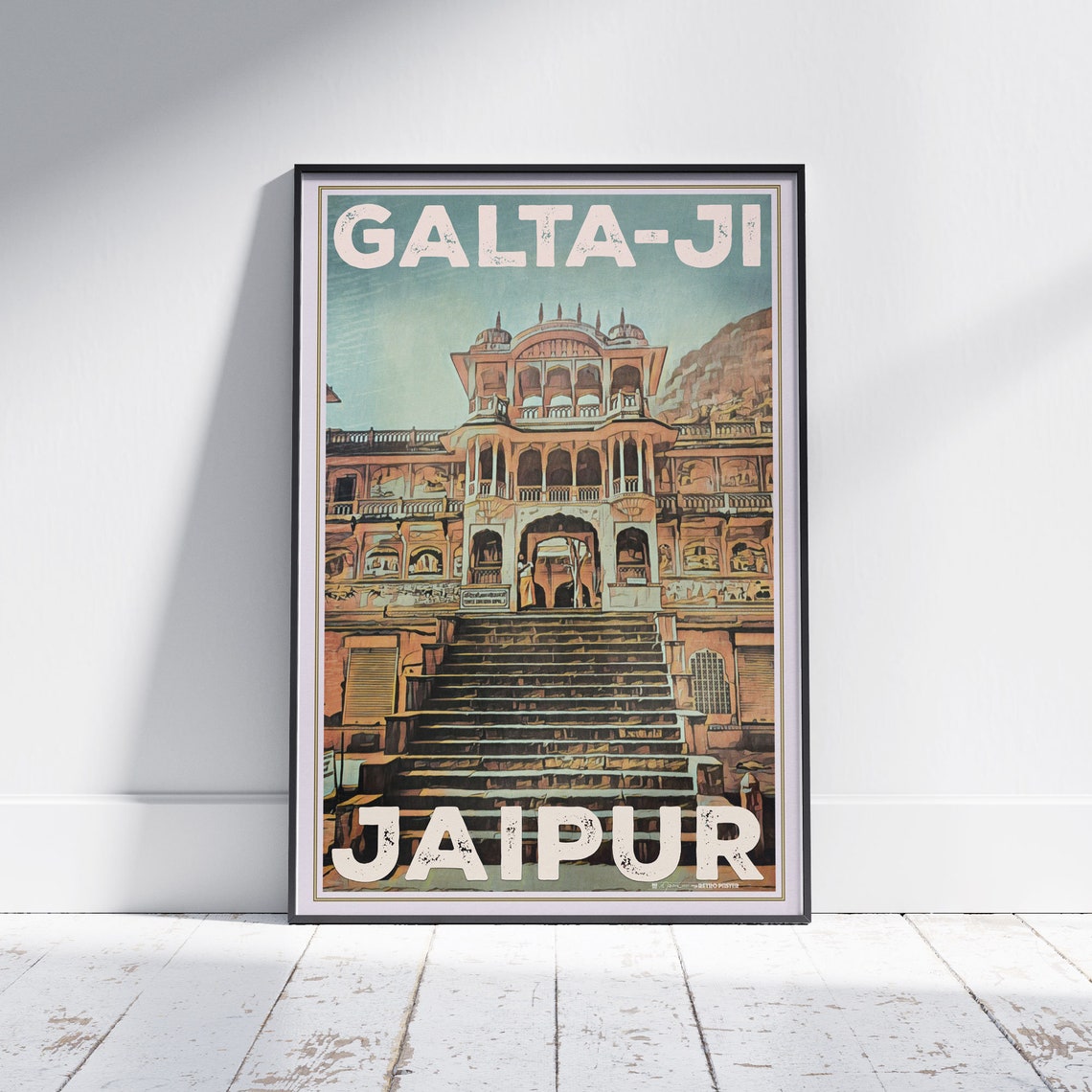 Galta Ji Jaipur India Vintage Travel Poster Ancient Temple Steps Art