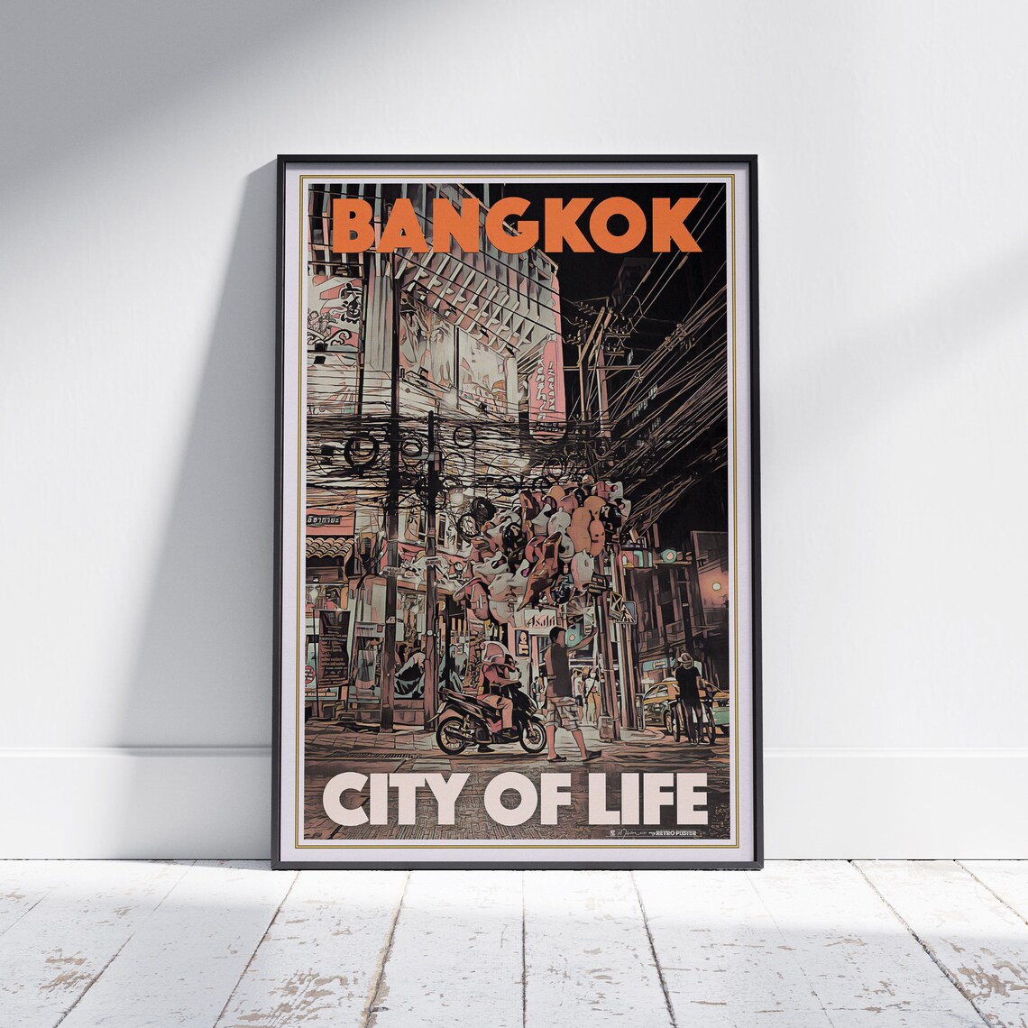 Bangkok City Of Life Night Street Wires Retro Thailand Travel Poster