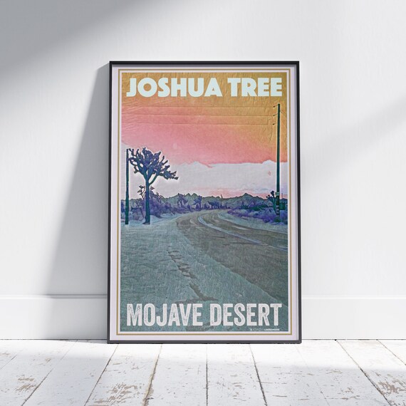 Joshua Tree Mojave Desert Road Pink Sunset Cactus Vintage Travel Poster