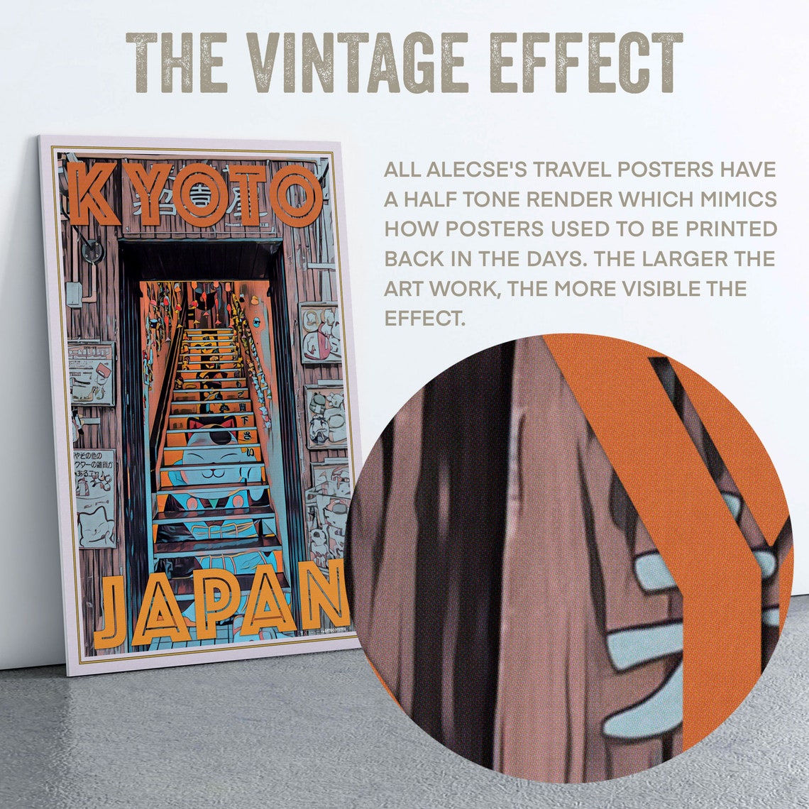 Kyoto Japan Retro Travel Poster Painted Lucky Cat Staircase Street Art - Image 2