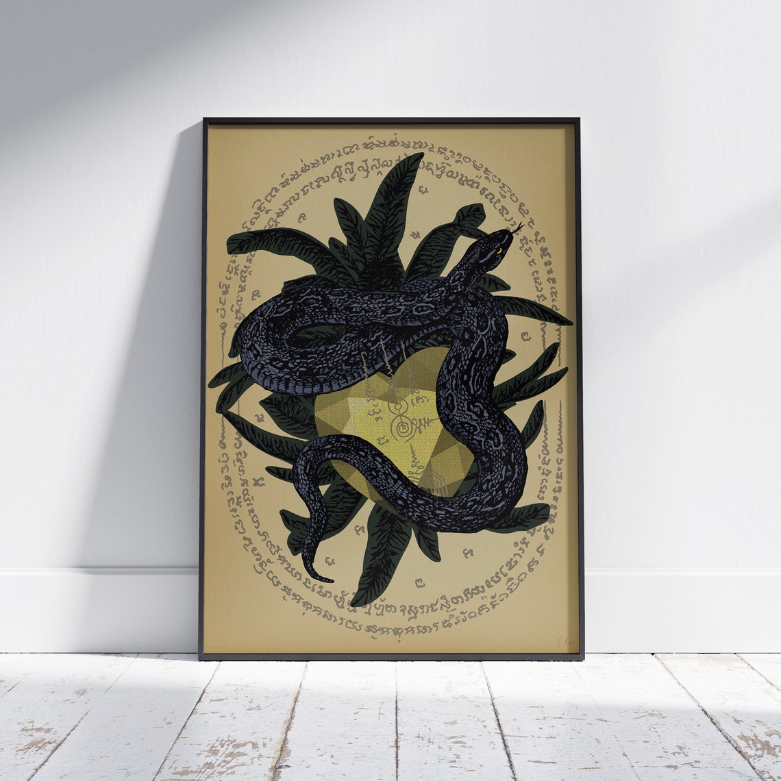 Black Python Snake Sak Yant Tattoo Art Gold Leaves Vintage Poster