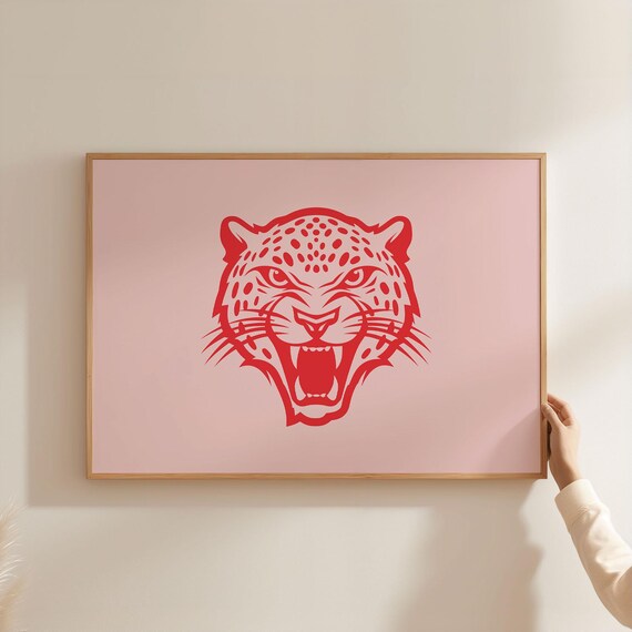 Red Cheetah Head Bold Pink Pop Art Kids Room Animal Wall Art
