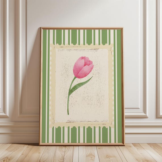 Cute Pink Green Flower Tulips Nursery Wall Art Hand Drawn Botanical Illustration Colorful Wavy Floral Print