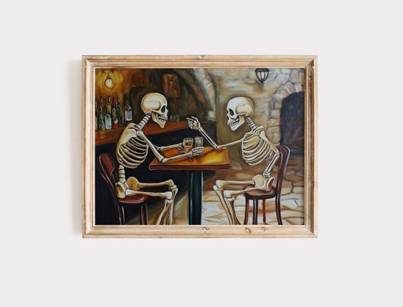 Funny Skeletons Drinking Wine Spooky Halloween Bar Pub Scene Poster