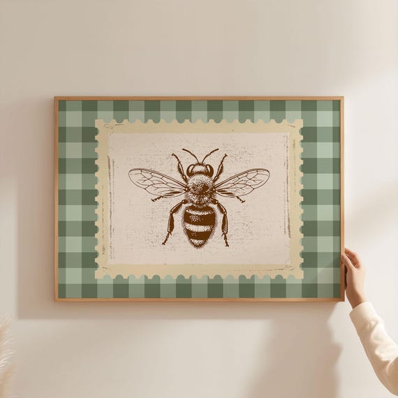 Vintage Rodeo Print Bee Brown Wall Art Checkered Green Rustic Mid Century Modern Bedroom Decor Retro Western