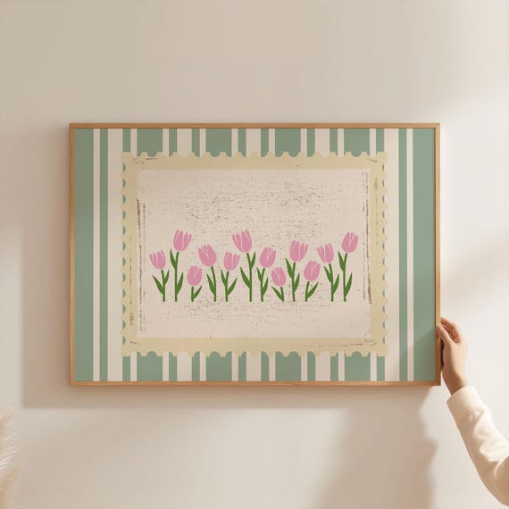 Green Pink Tulips Vintage Striped Flower Art Print