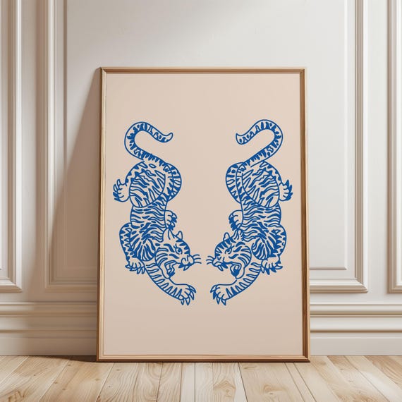 Physical Poster Tiger Minimalist Print Blue Beige Wall Art Japanese Style Decor Unique Cheetah Leopard